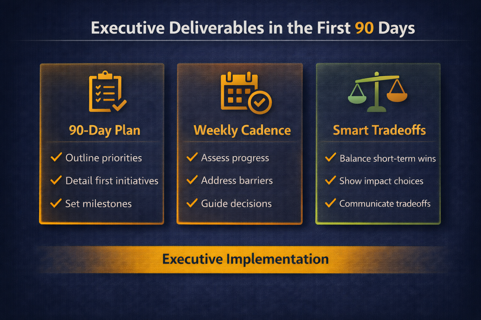 A visual showing the executive deliverables in the first 90 days including plan, cadence, and tradeoffs