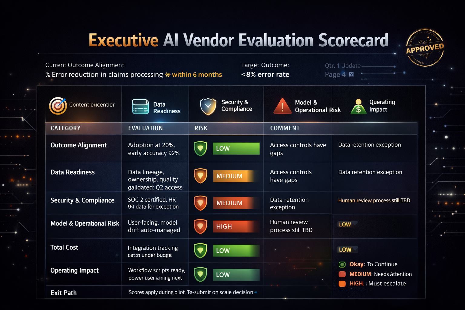 Executive AI vendor evaluation scorecard covering outcome alignment, data readiness, security and compliance, model risk, total cost, operating impact, and exit path
