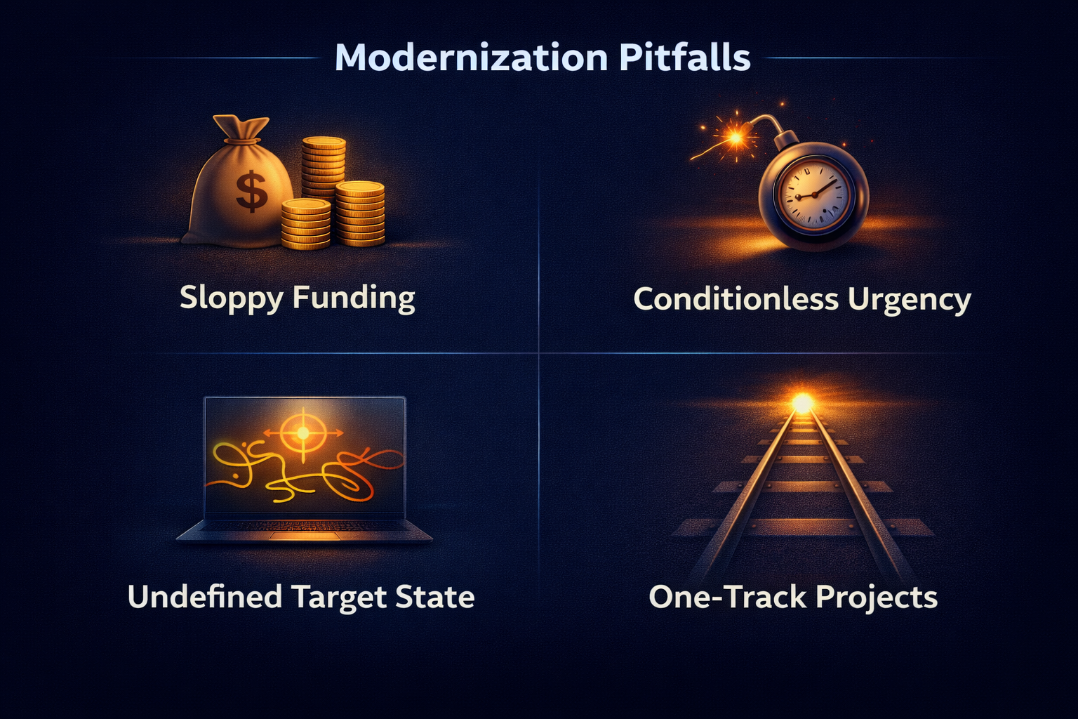 An executive guardrails checklist for modernization covering outcomes, ownership, exit criteria, and weekly steering metrics.