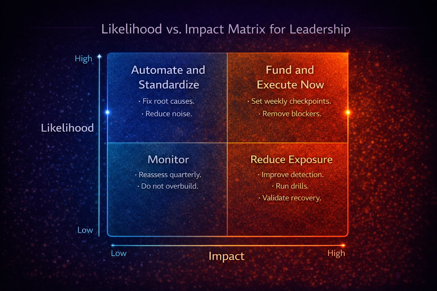 A likelihood versus impact matrix with leadership actions for each quadrant.