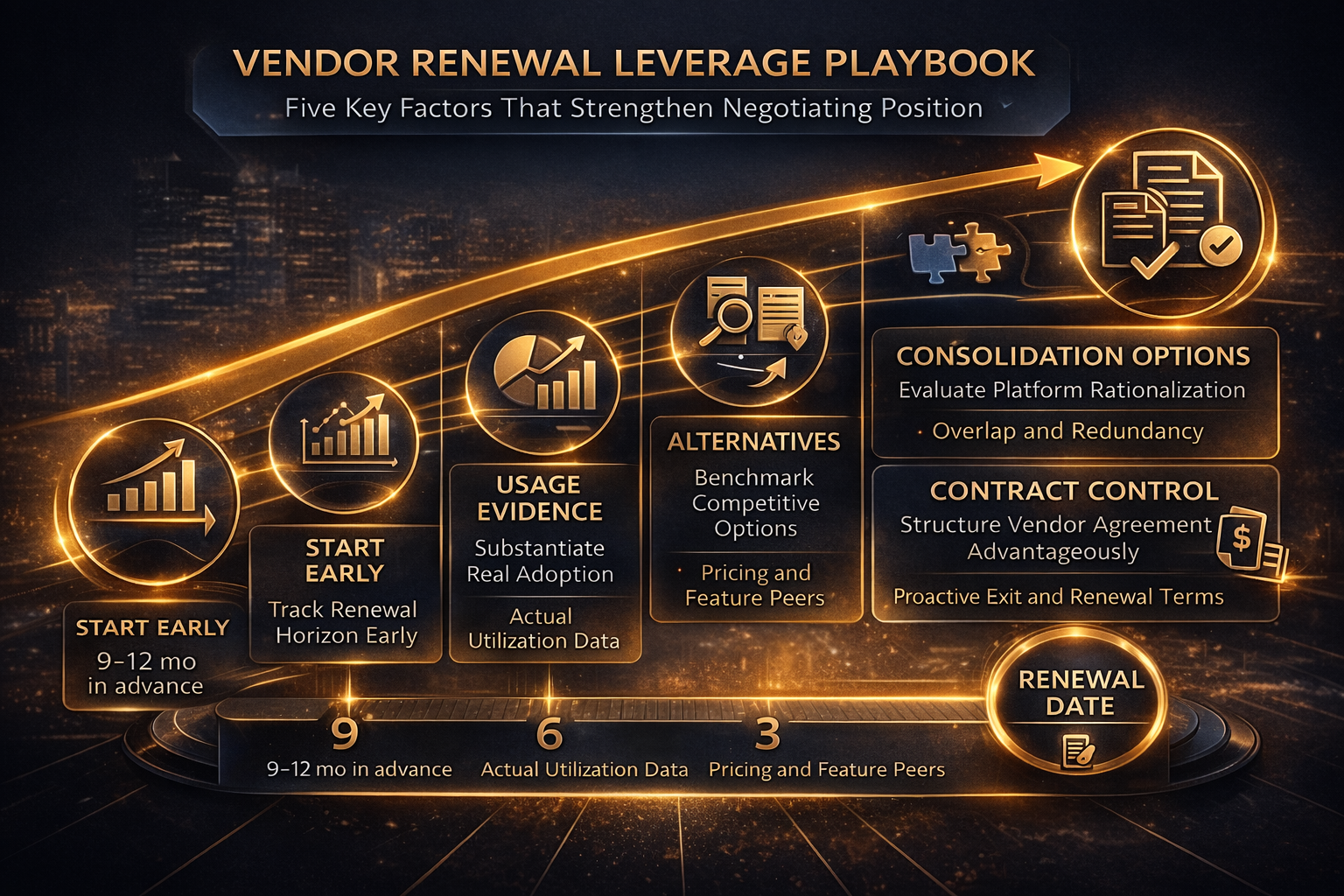 Vendor renewal leverage playbook showing early timeline, usage evidence, alternatives, consolidation options, and contract control